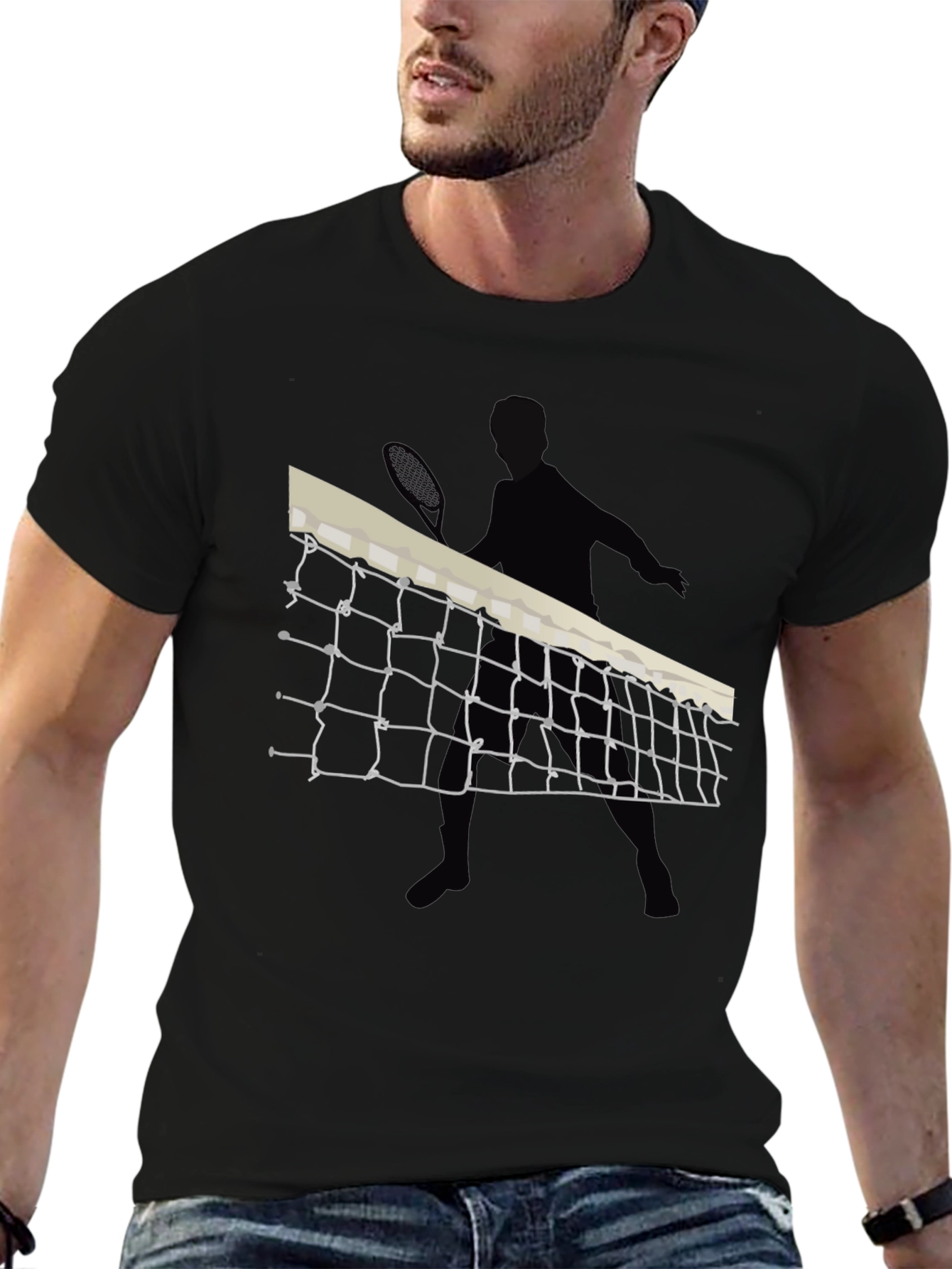 Tennis Net Graphic Tee - Black Cotton T-Shirt
