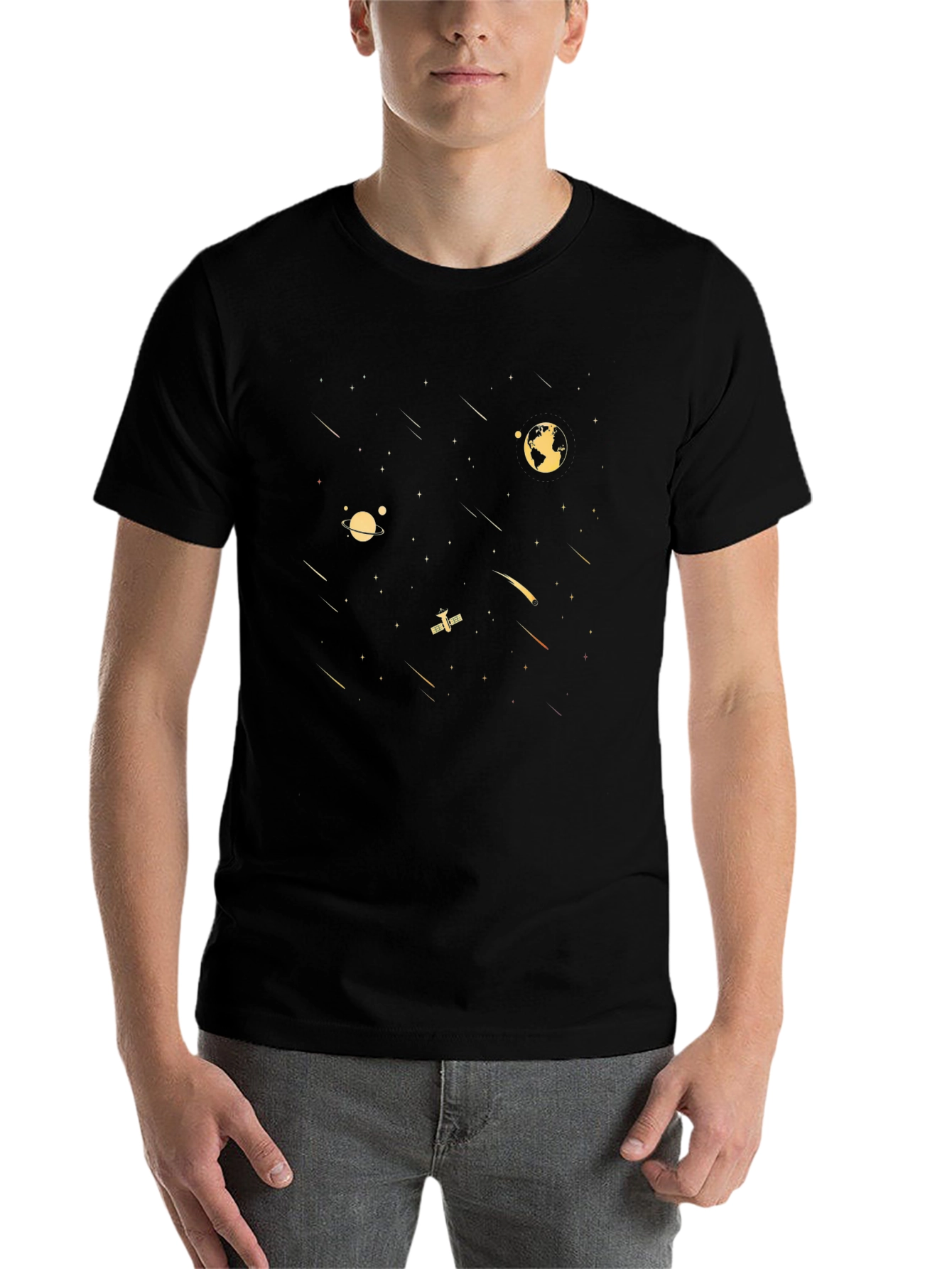 Cosmic Voyage Black T-Shirt - Space Design