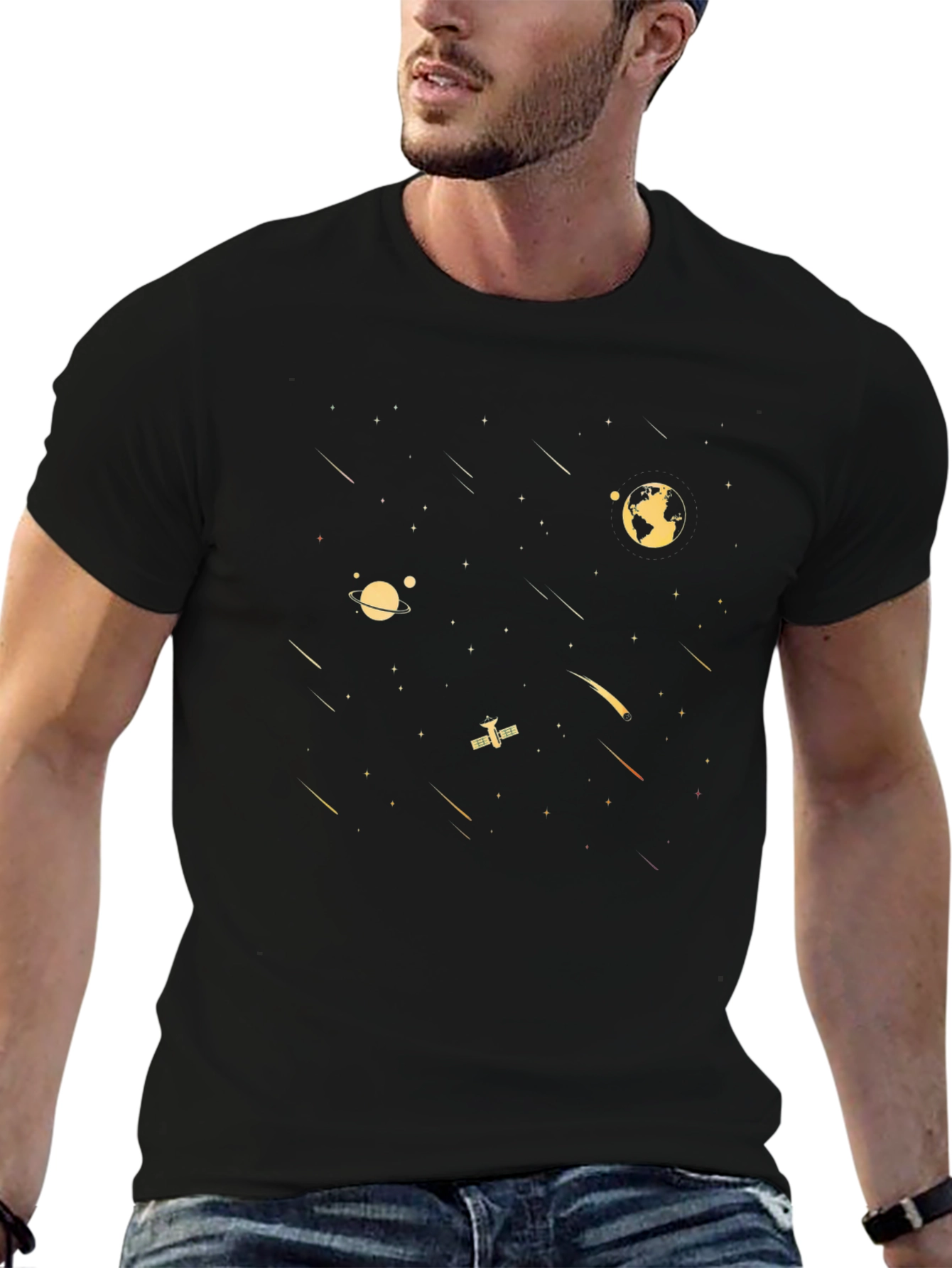 Cosmic Voyage Black T-Shirt - Space Design