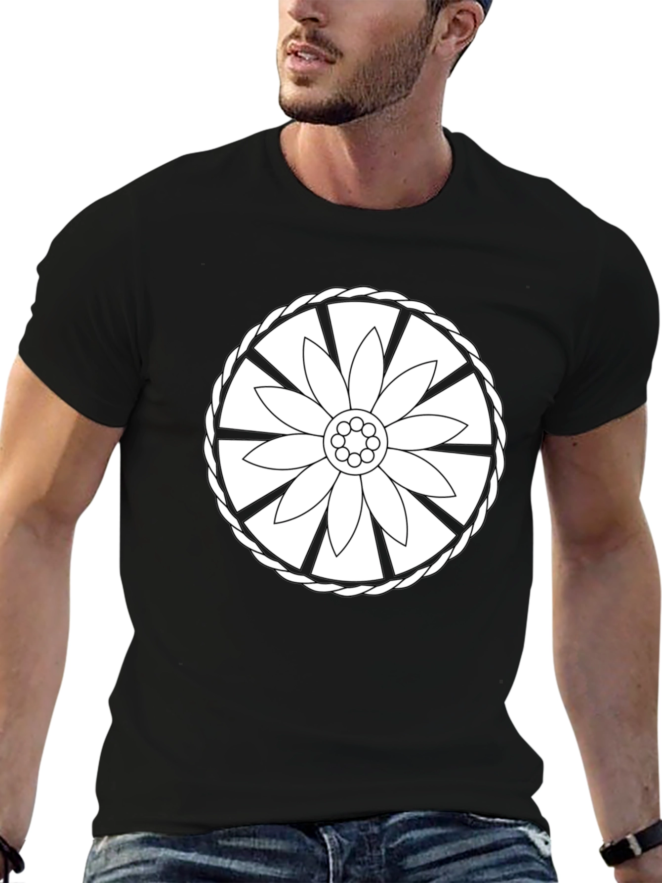 Black Tee with Floral Wheel Design