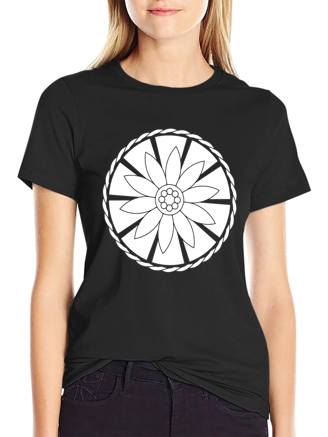 Black Tee with Floral Wheel Design
