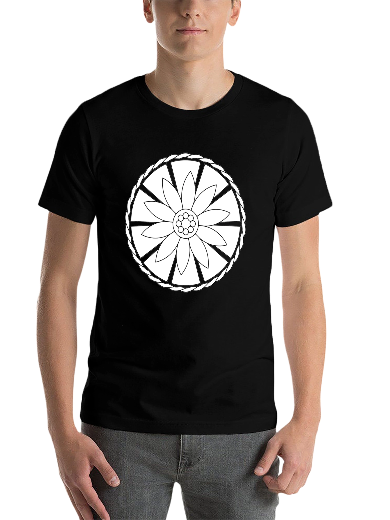 Black Tee with Floral Wheel Design