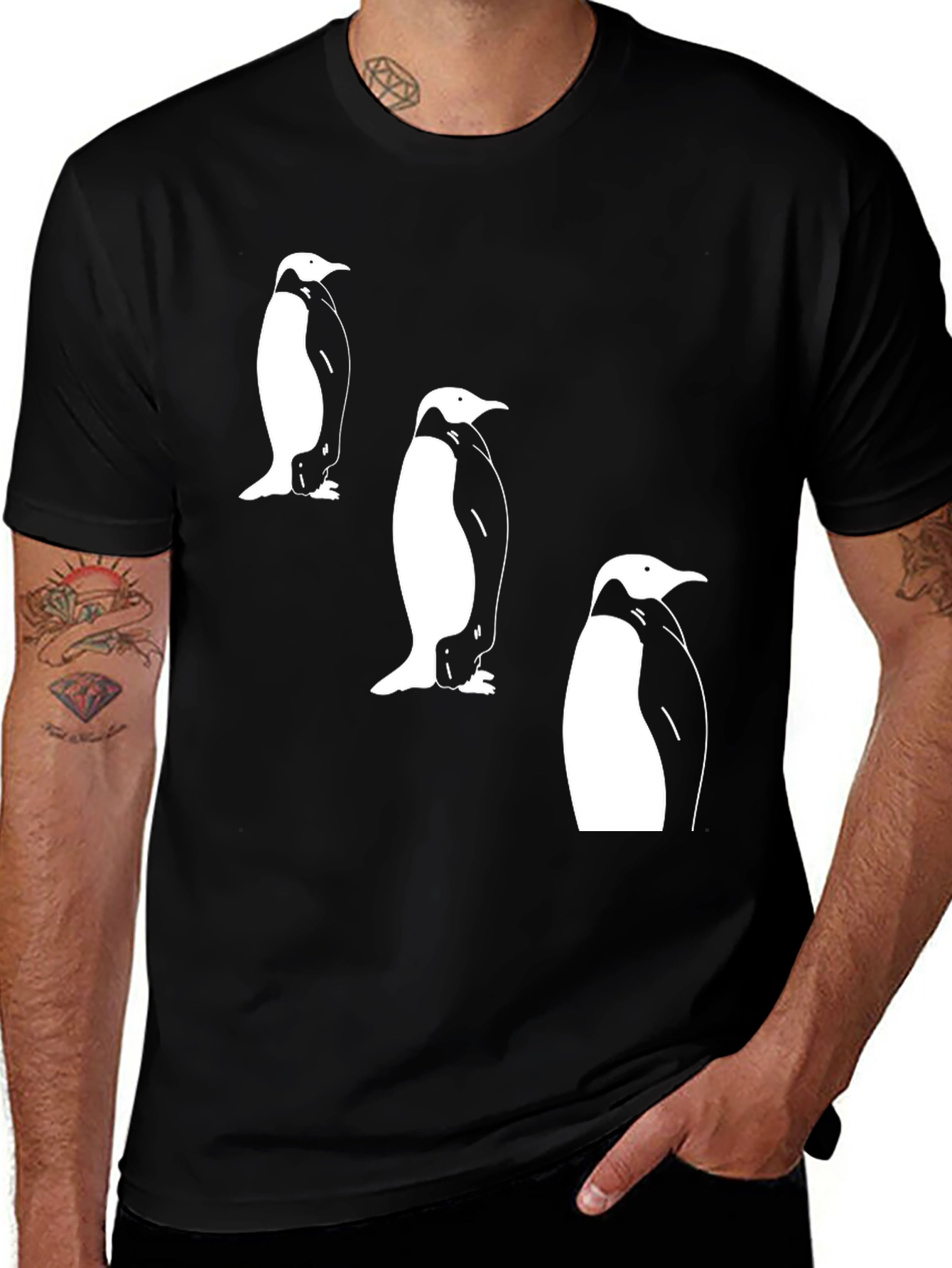 Penguin Trio Graphic Tee - Black Cotton T-Shirt
