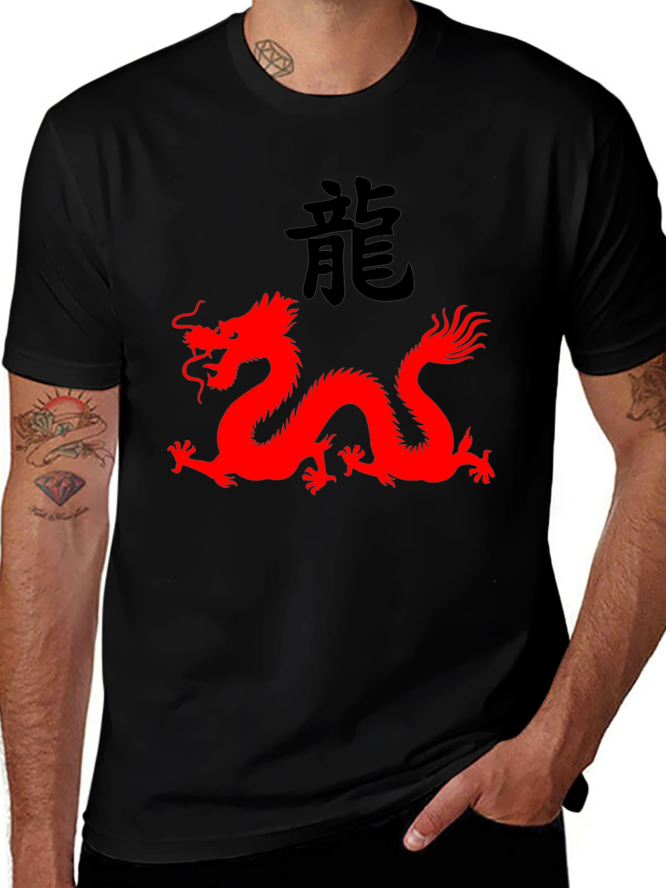 Black T-Shirt with Red Dragon Graphic
