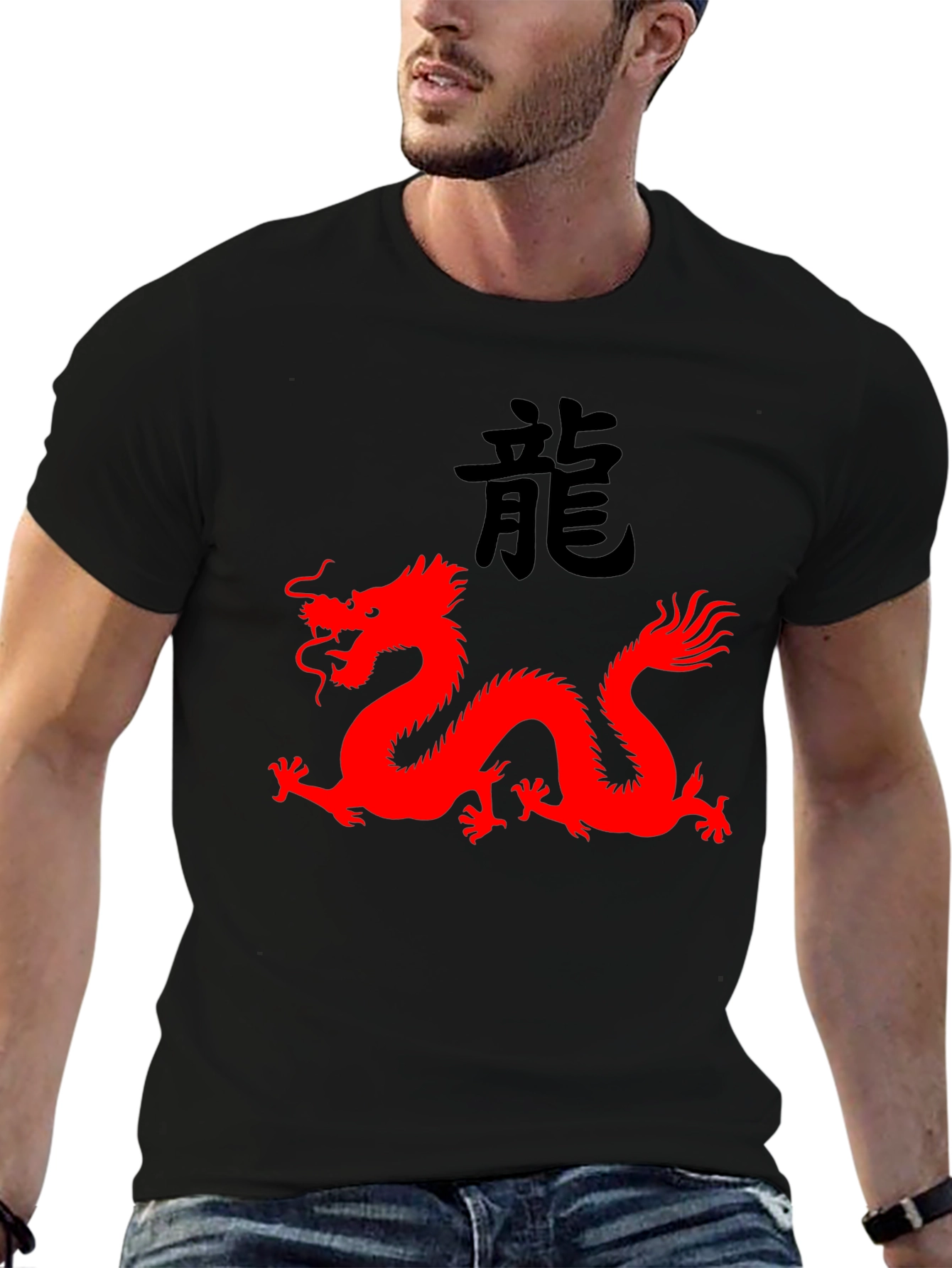 Black T-Shirt with Red Dragon Graphic