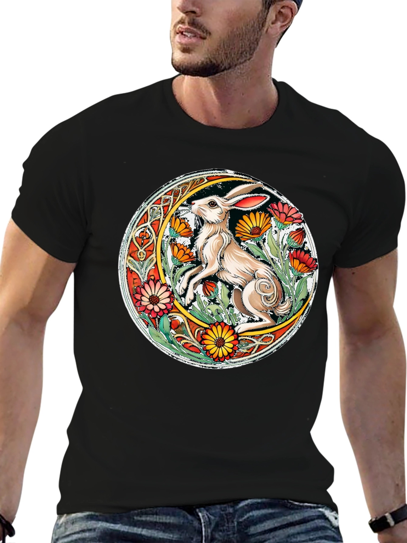 Celtic Hare Flower Circle Graphic T-Shirt