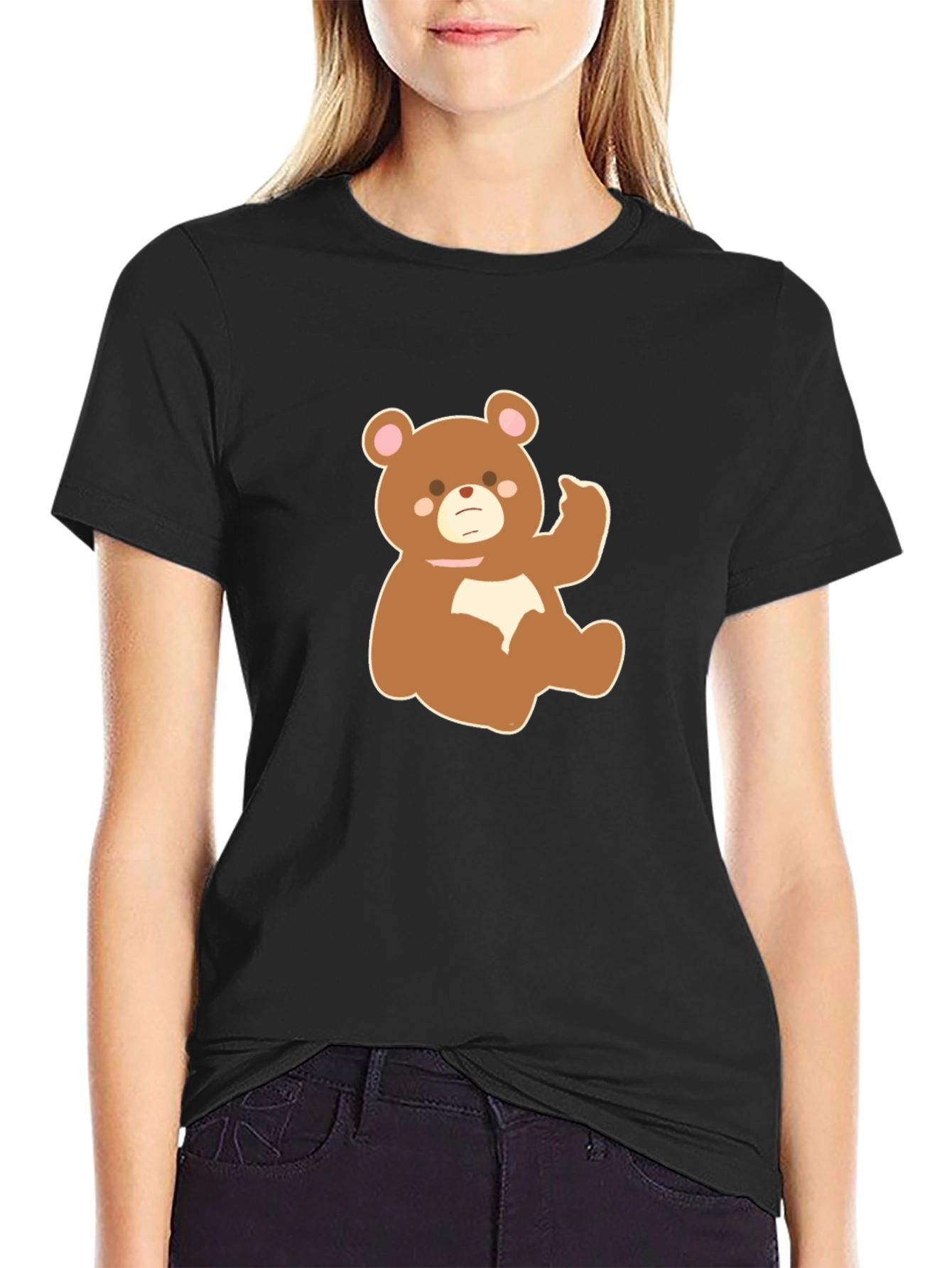 Cute Cartoon Bear Graphic Tee - Black