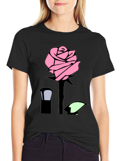Pink Rose Graphic Black T-Shirt