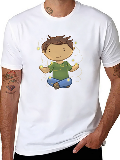Meditating Kid Cartoon Black T-Shirt