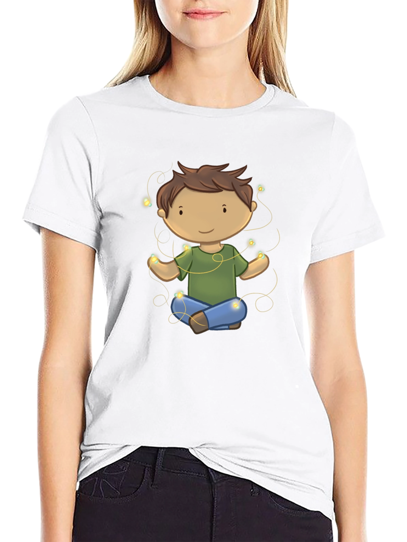 Meditating Kid Cartoon Black T-Shirt