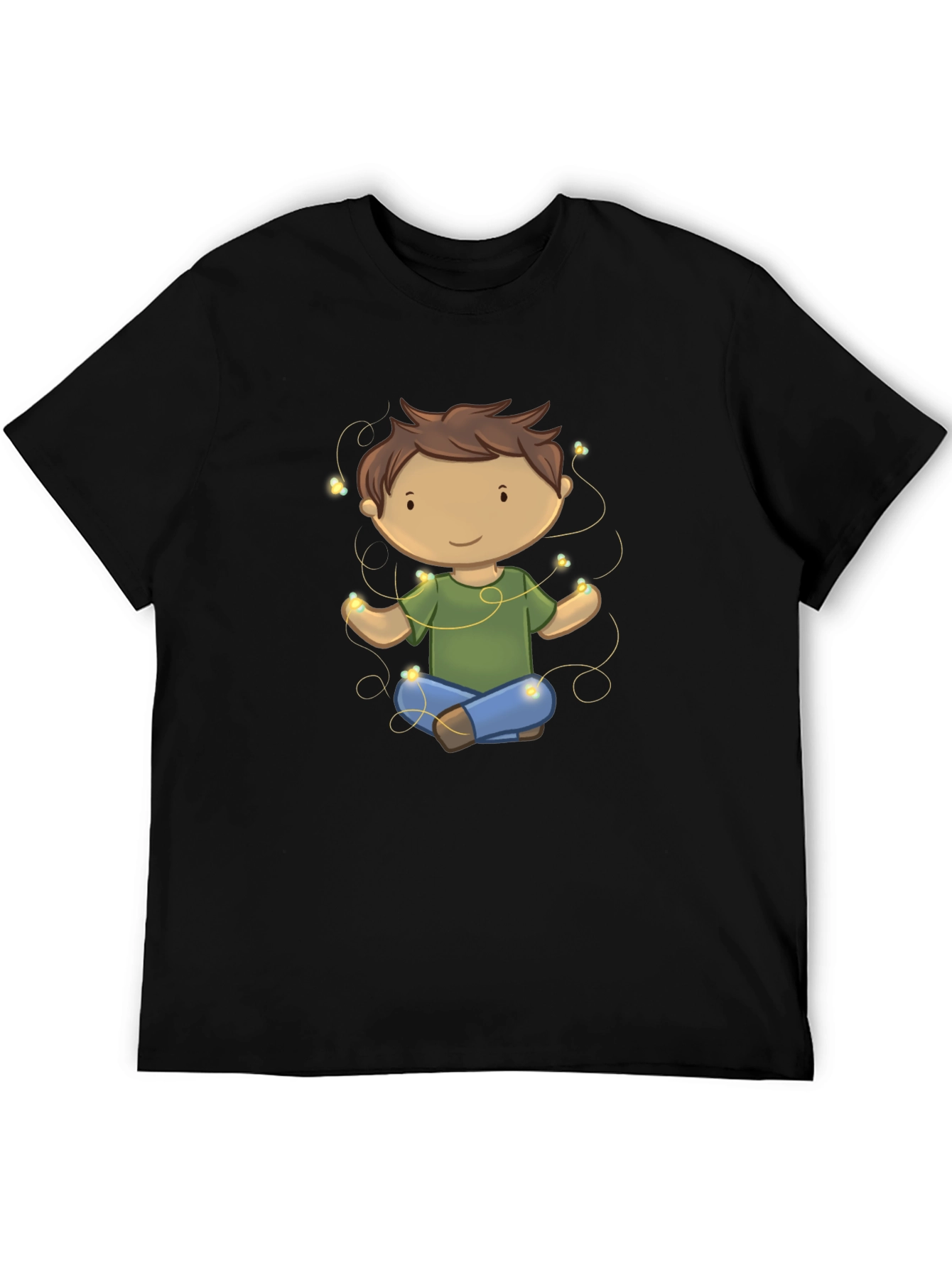Meditating Kid Cartoon Black T-Shirt