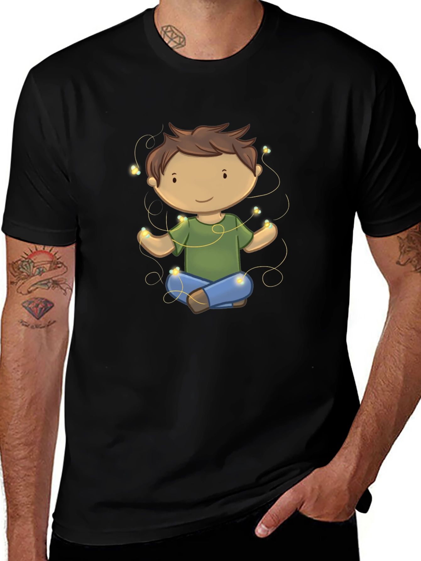 Meditating Kid Cartoon Black T-Shirt