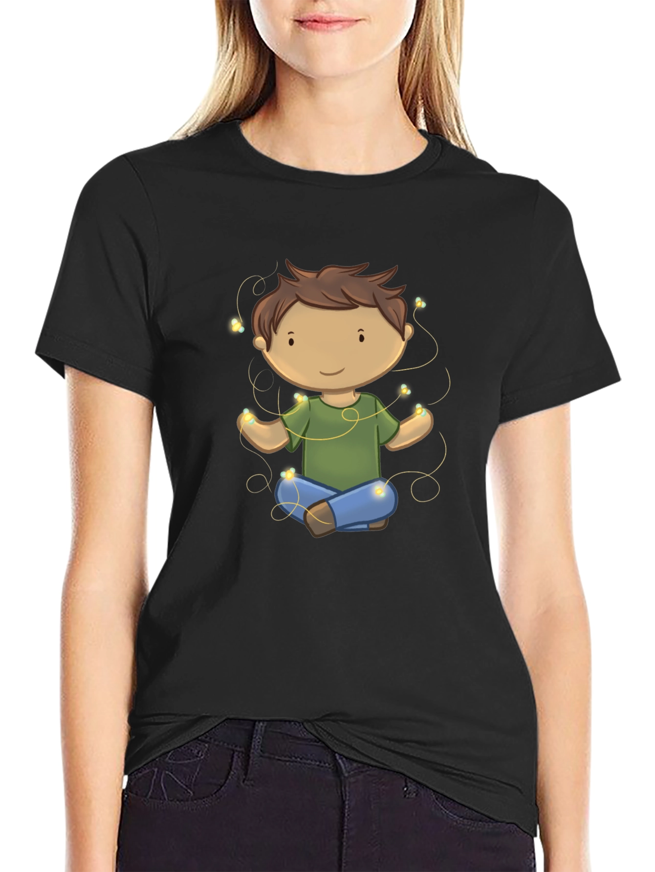 Meditating Kid Cartoon Black T-Shirt