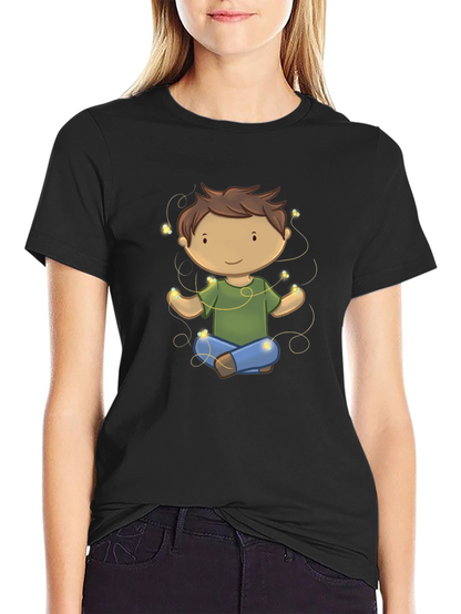 Meditating Kid Cartoon Black T-Shirt