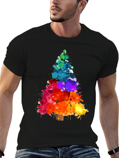 Rainbow Splatter Christmas Tree Black T-Shirt