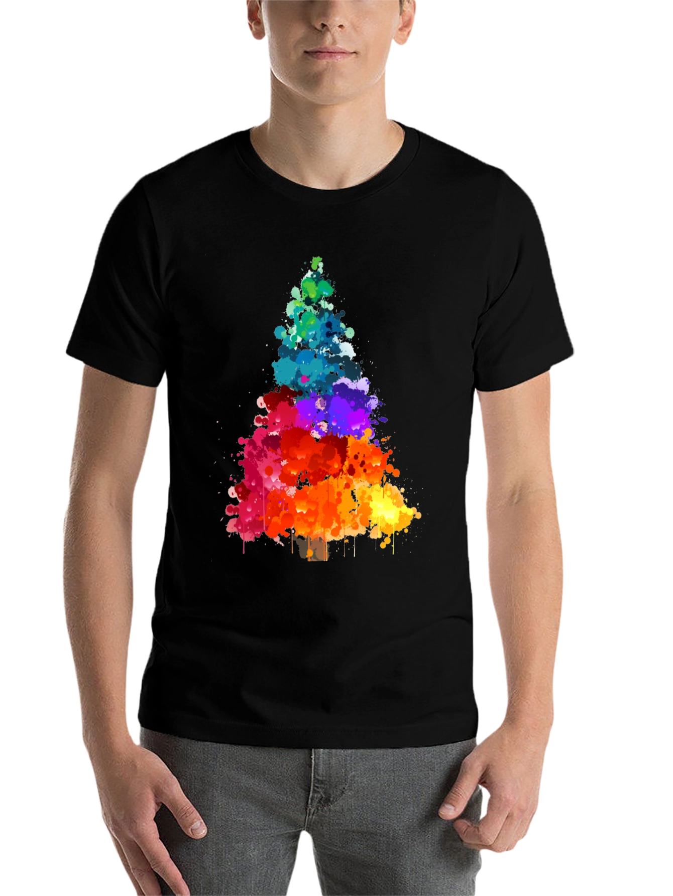 Rainbow Splatter Christmas Tree Black T-Shirt