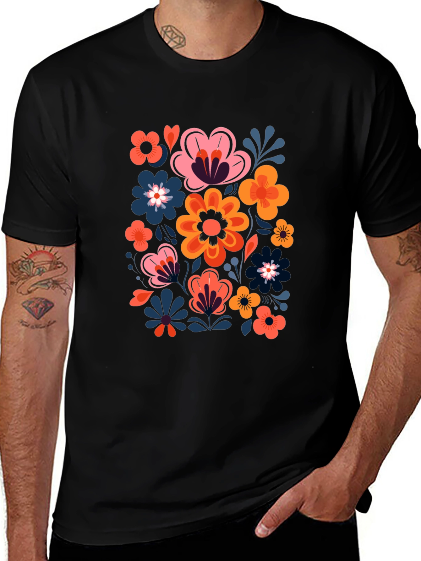 Floral Print Black Crew Neck Tee