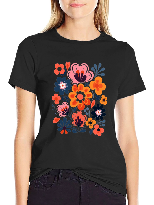 Floral Print Black Crew Neck Tee