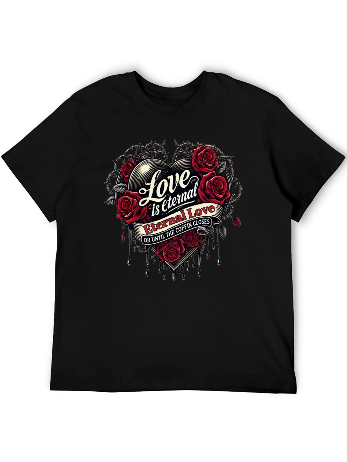 Eternal Love Rose Heart Graphic Black T-Shirt