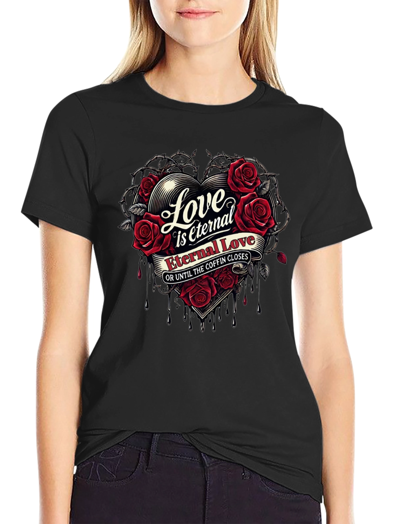 Eternal Love Rose Heart Graphic Black T-Shirt
