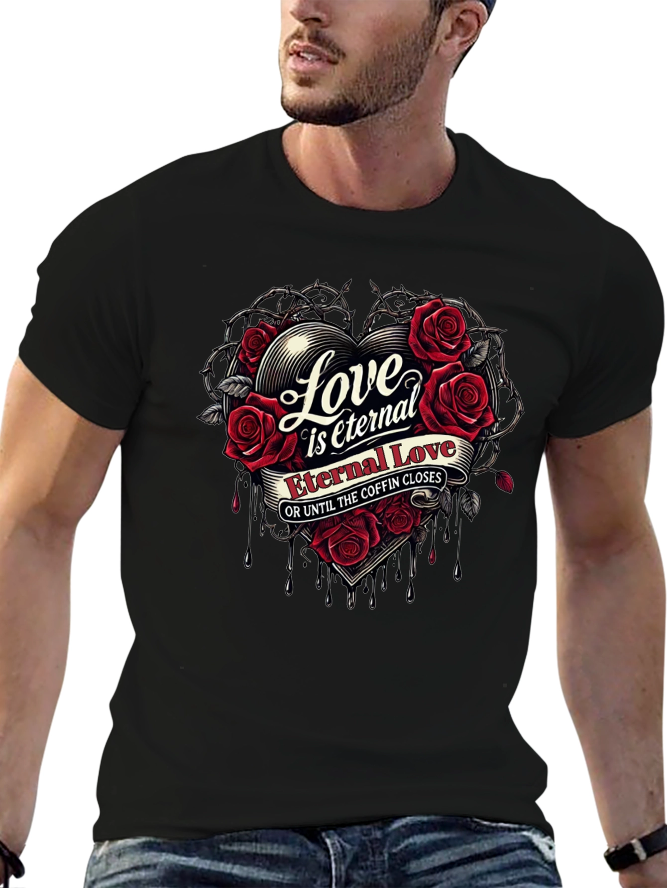 Eternal Love Rose Heart Graphic Black T-Shirt