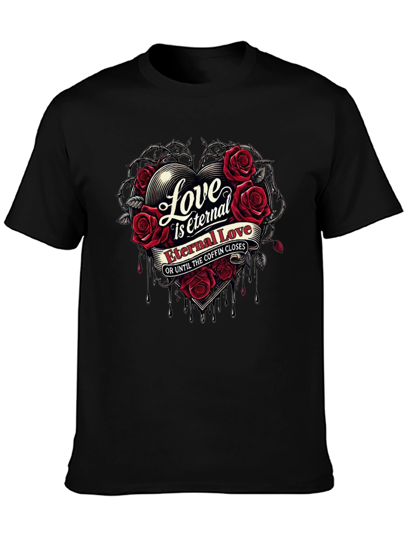 Eternal Love Rose Heart Graphic Black T-Shirt