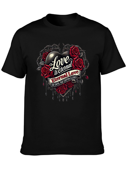 Eternal Love Rose Heart Graphic Black T-Shirt