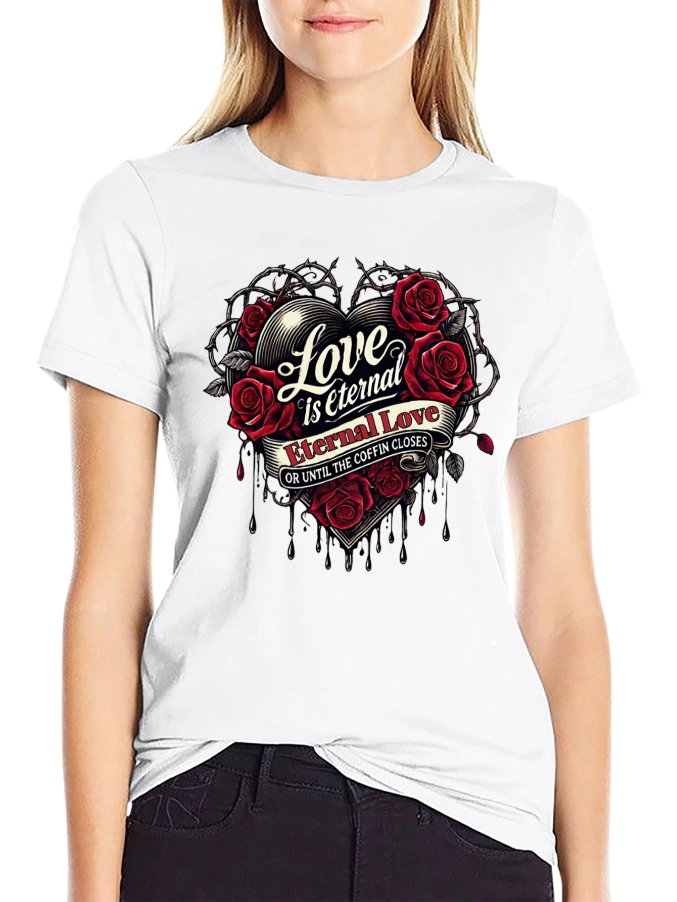 Eternal Love Rose Heart Graphic Black T-Shirt