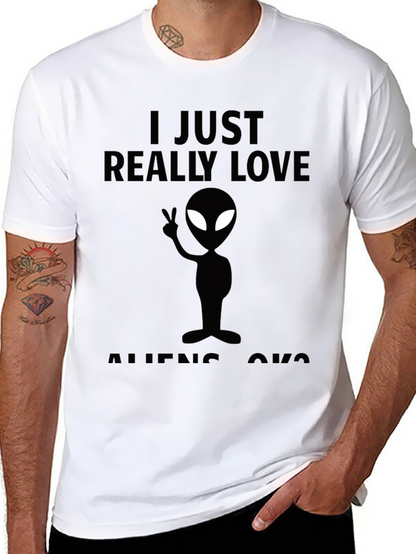 I Just Really Love Aliens Black Graphic Tee
