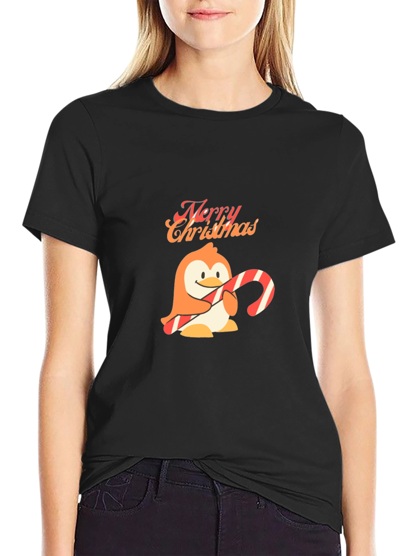 Festive Penguin Merry Christmas Black T-Shirt