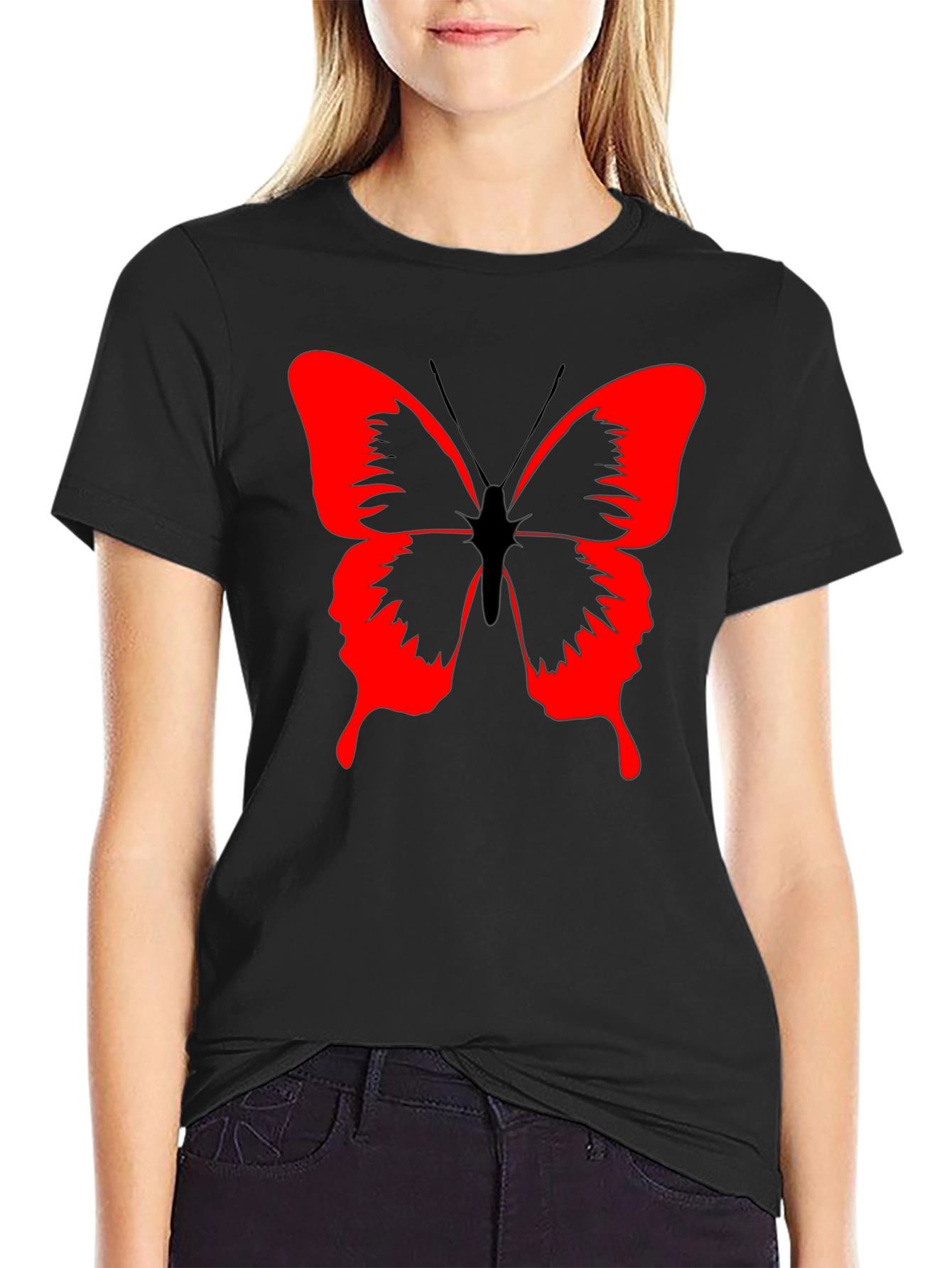Butterfly Graphic Black T-Shirt - Bold Red Design