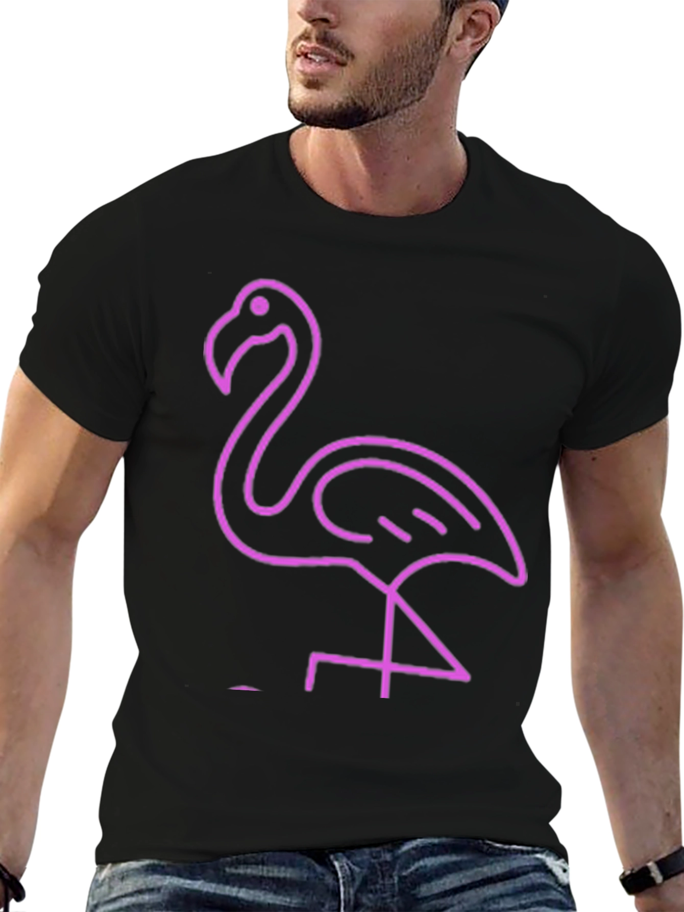 Neon Flamingo Graphic Tee - Black Cotton Casual T-Shirt