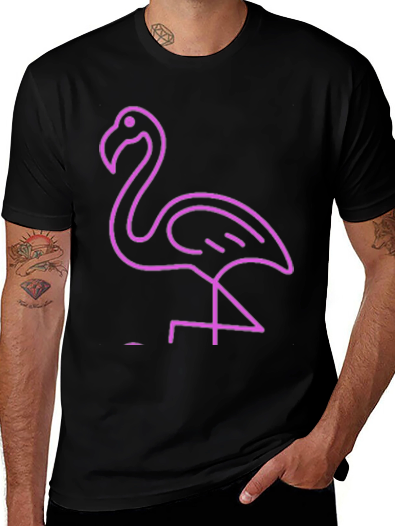 Neon Flamingo Graphic Tee - Black Cotton Casual T-Shirt