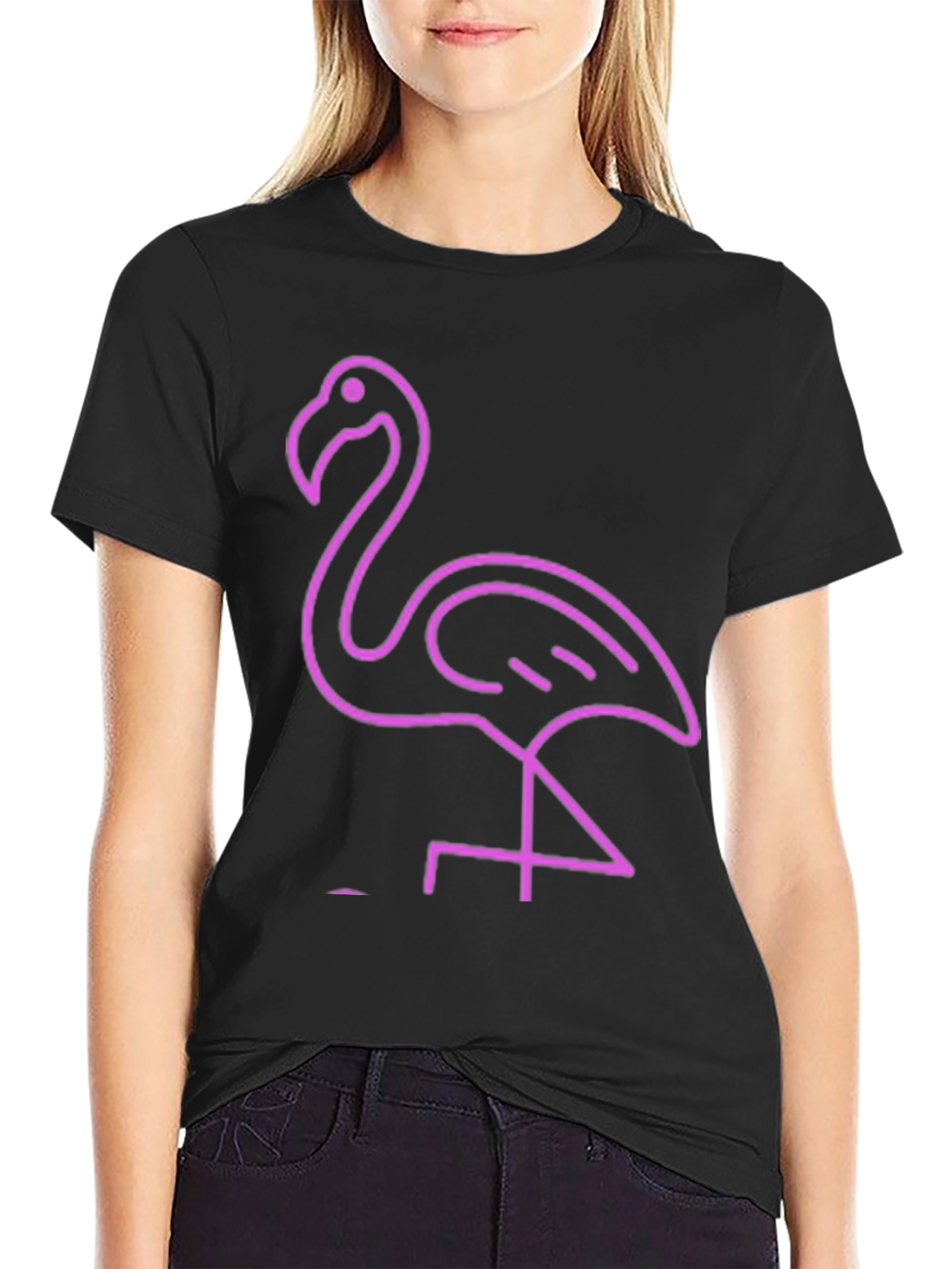 Neon Flamingo Graphic Tee - Black Cotton Casual T-Shirt