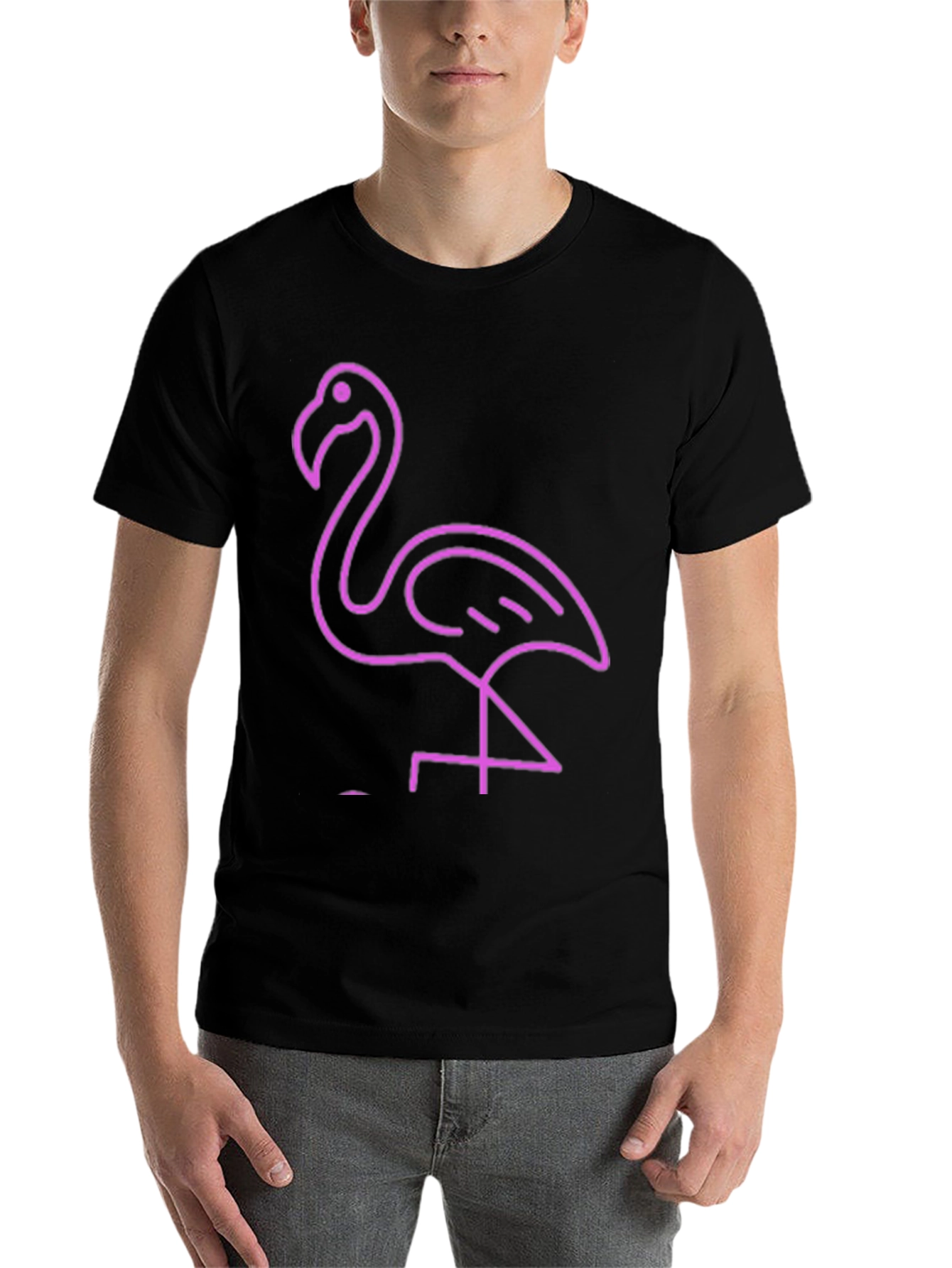 Neon Flamingo Graphic Tee - Black Cotton Casual T-Shirt