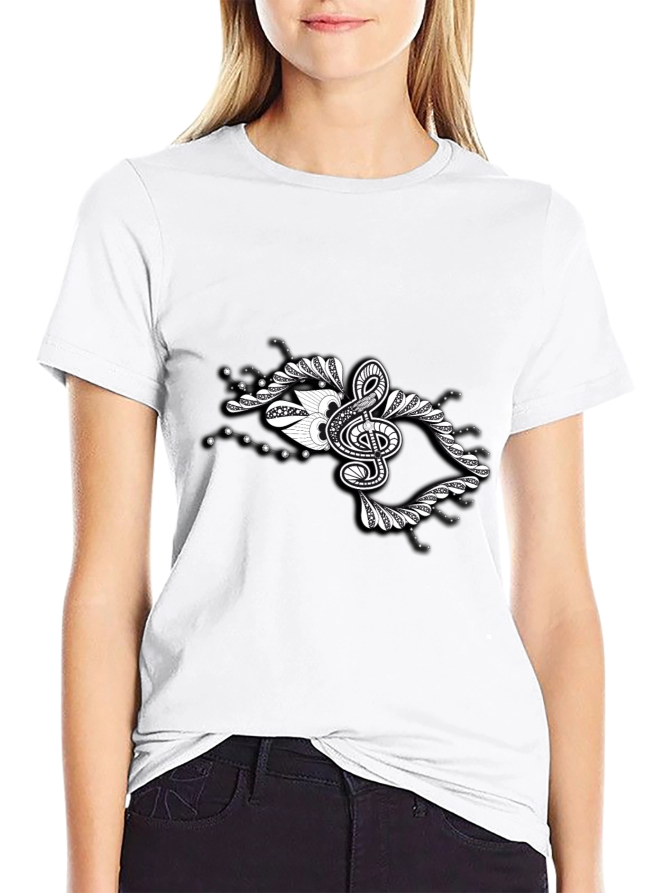 Stylish Black Tee with Music Note Graphic Design