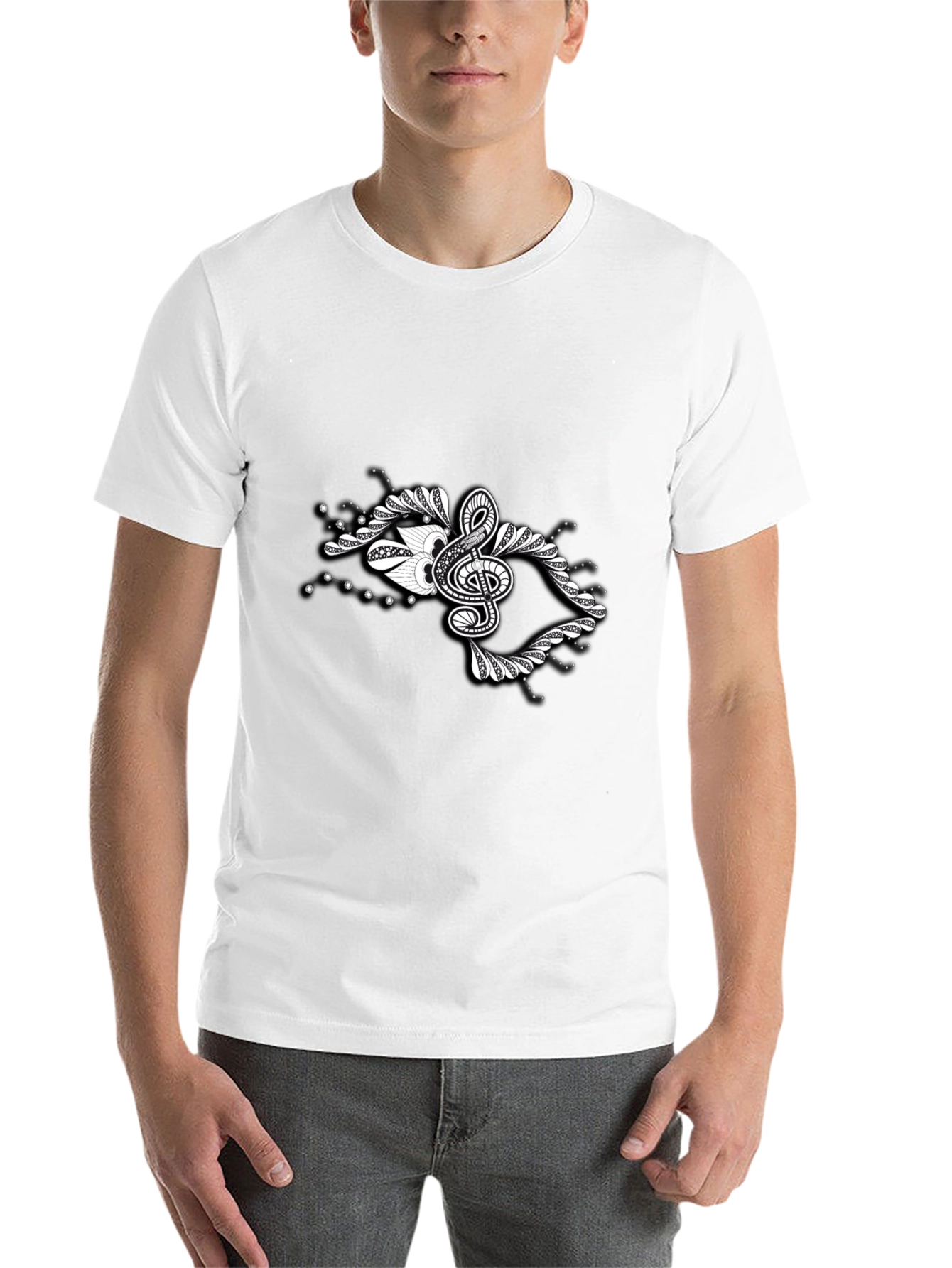 Stylish Black Tee with Music Note Graphic Design