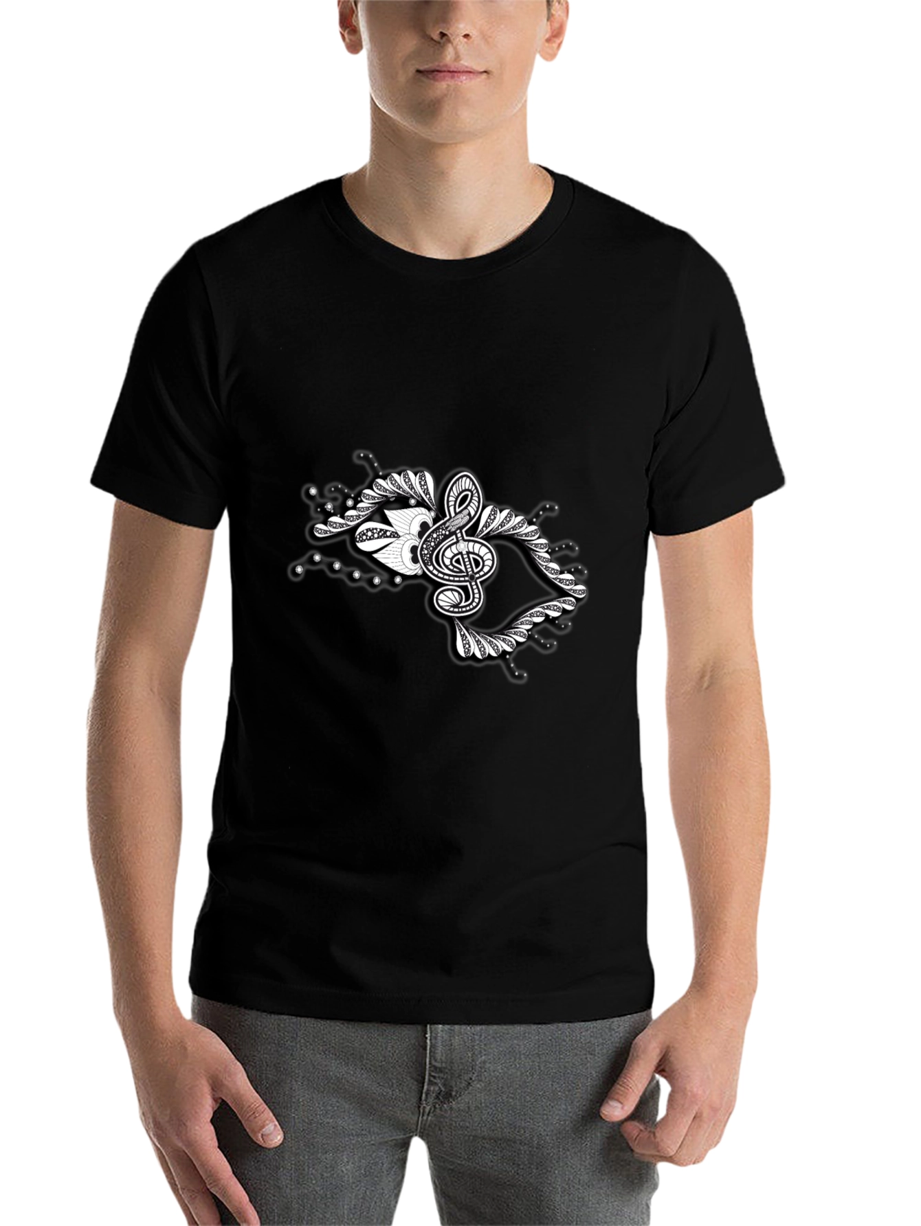 Stylish Black Tee with Music Note Graphic Design