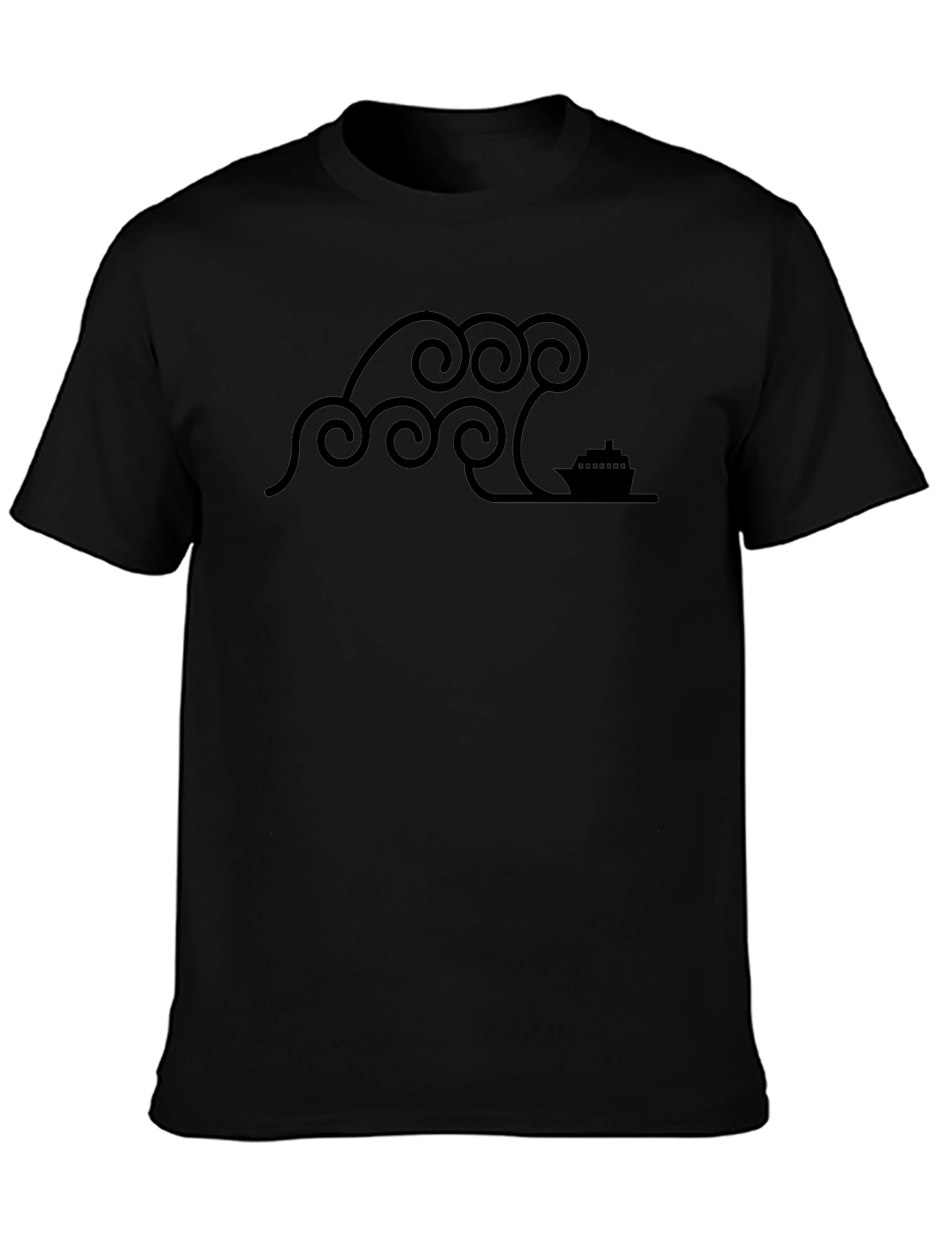 Stylized Wave & Boat Graphic Tee - Black