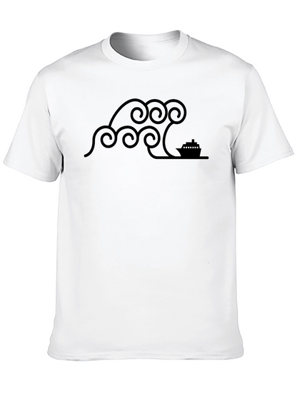 Stylized Wave & Boat Graphic Tee - Black