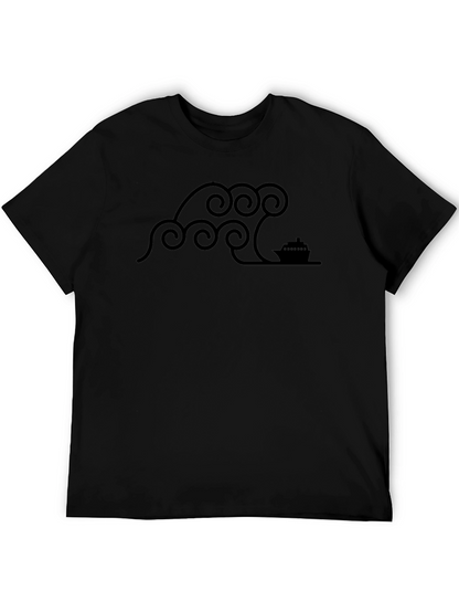 Stylized Wave & Boat Graphic Tee - Black