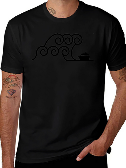 Stylized Wave & Boat Graphic Tee - Black