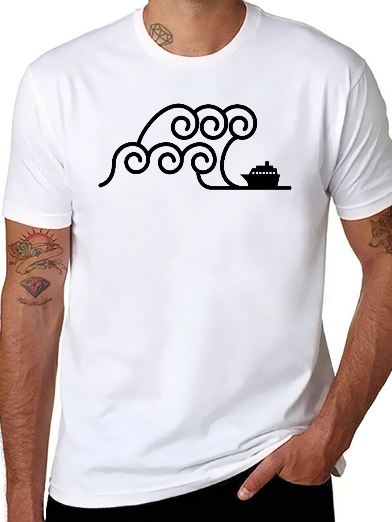 Stylized Wave & Boat Graphic Tee - Black