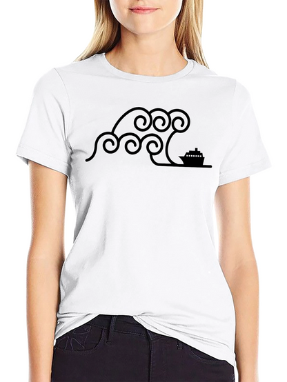 Stylized Wave & Boat Graphic Tee - Black