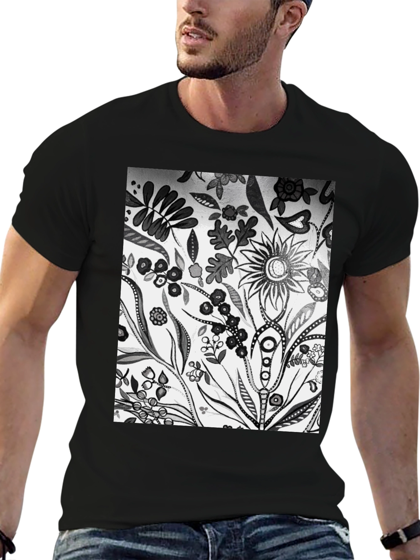 Floral Pattern Black Graphic Tee