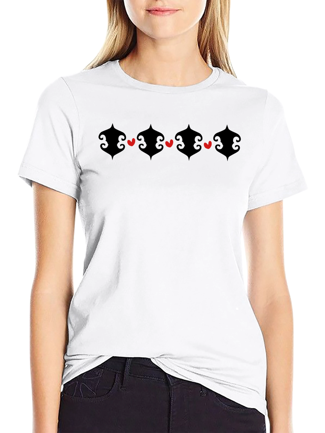 Heart Accent Graphic Black Crew Neck T-Shirt