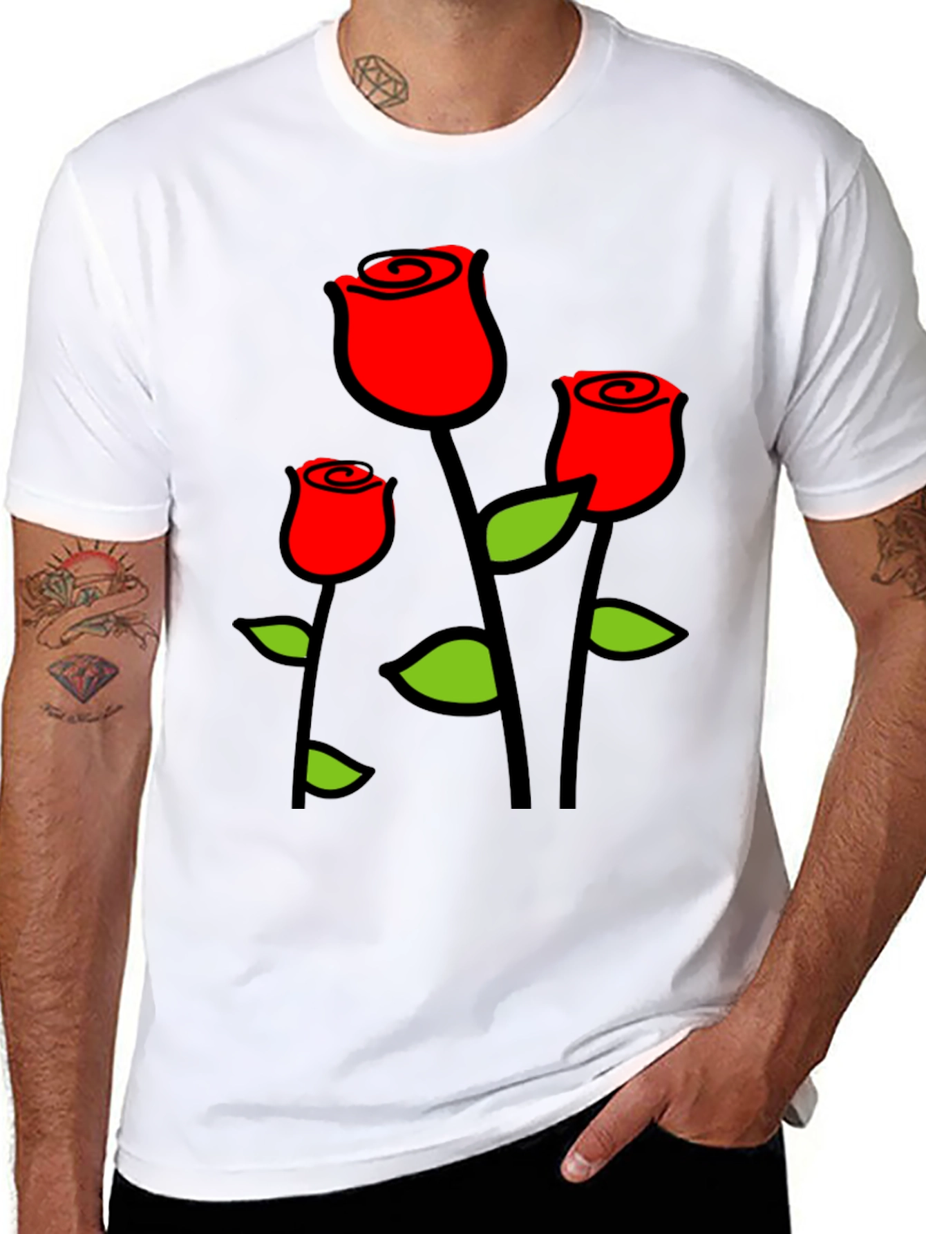 Black T-Shirt with Red Roses Graphic Print