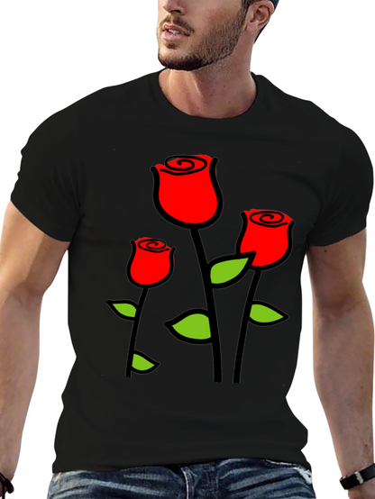 Black T-Shirt with Red Roses Graphic Print