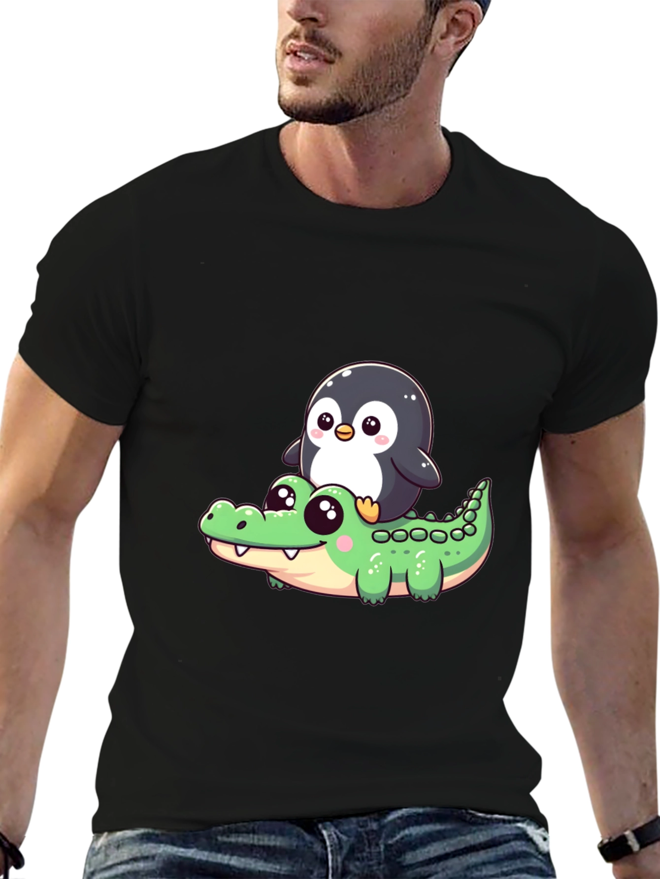 Cute Penguin Riding Alligator Graphic Tee - Black