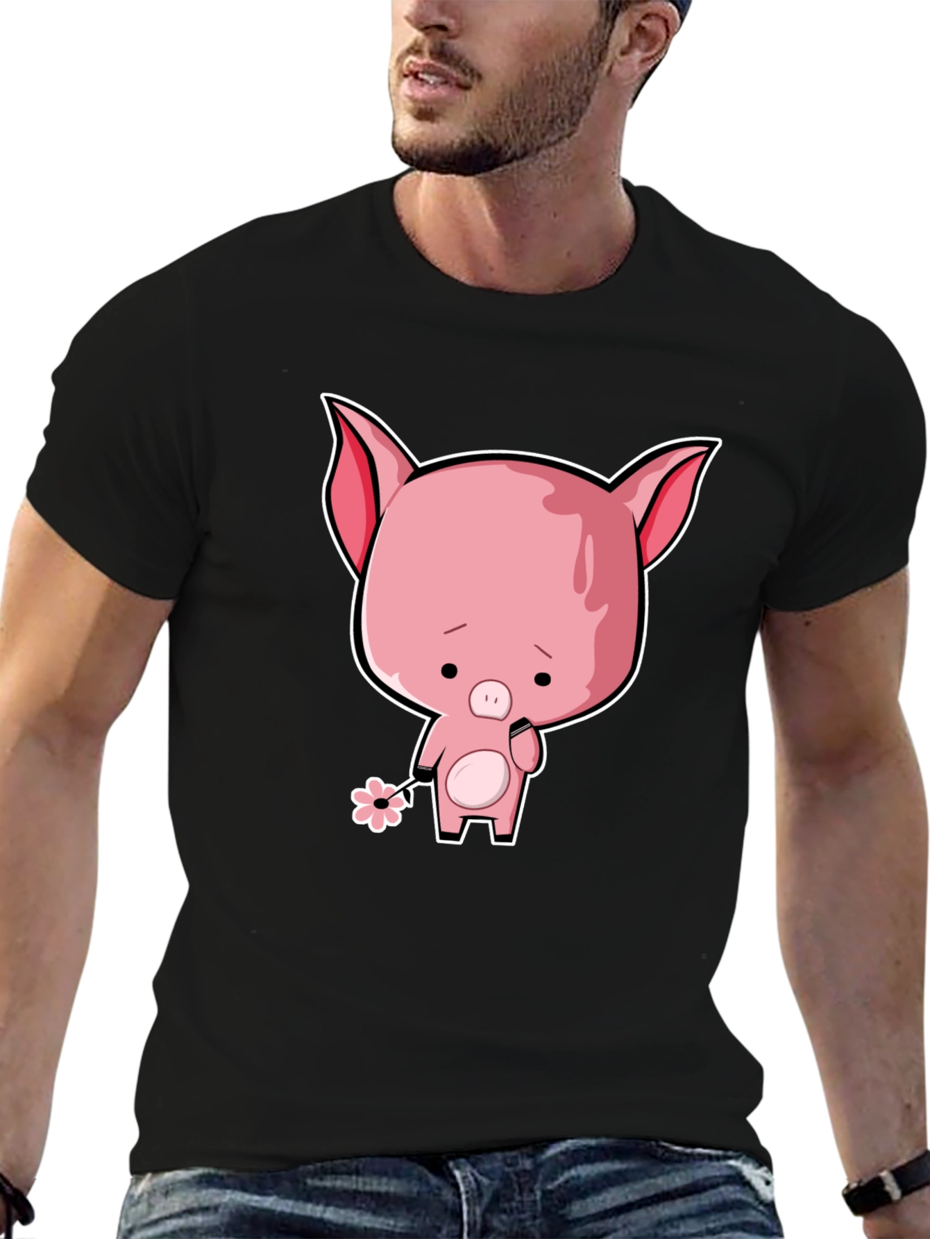 Sad Pig Cartoon T-Shirt - Black